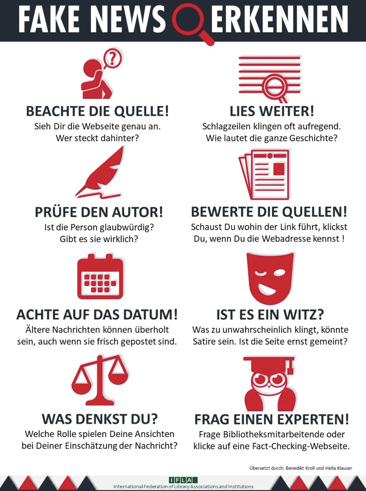 Infografik "Fake News erkennen" mit roten Icons und kurzen Tipps: Quelle prüfen, Autor, Datum, Faktencheck